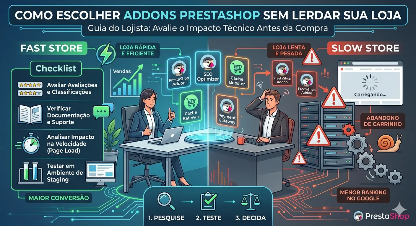 Infográfico comparativo mostrando uma loja PrestaShop rápida com checklist de avaliação de módulos versus uma loja lenta com excesso de addons sem critérios.