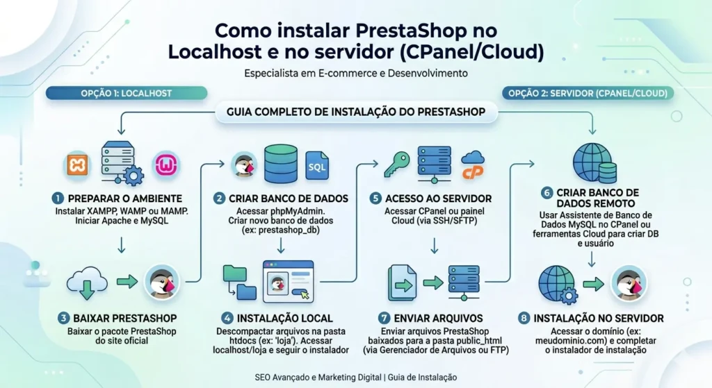 Infográfico completo detalhando o processo de instalação do PrestaShop em duas vias: ambiente Localhost (XAMPP/WAMP) e Servidor (CPanel/Cloud).