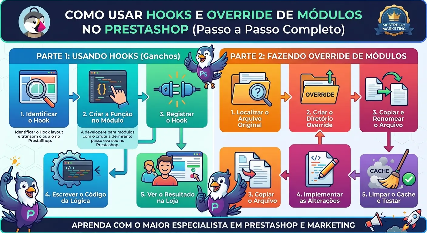 Infográfico passo a passo ensinando como utilizar Hooks e realizar Override de módulos no PrestaShop, focado em desenvolvimento e marketing.