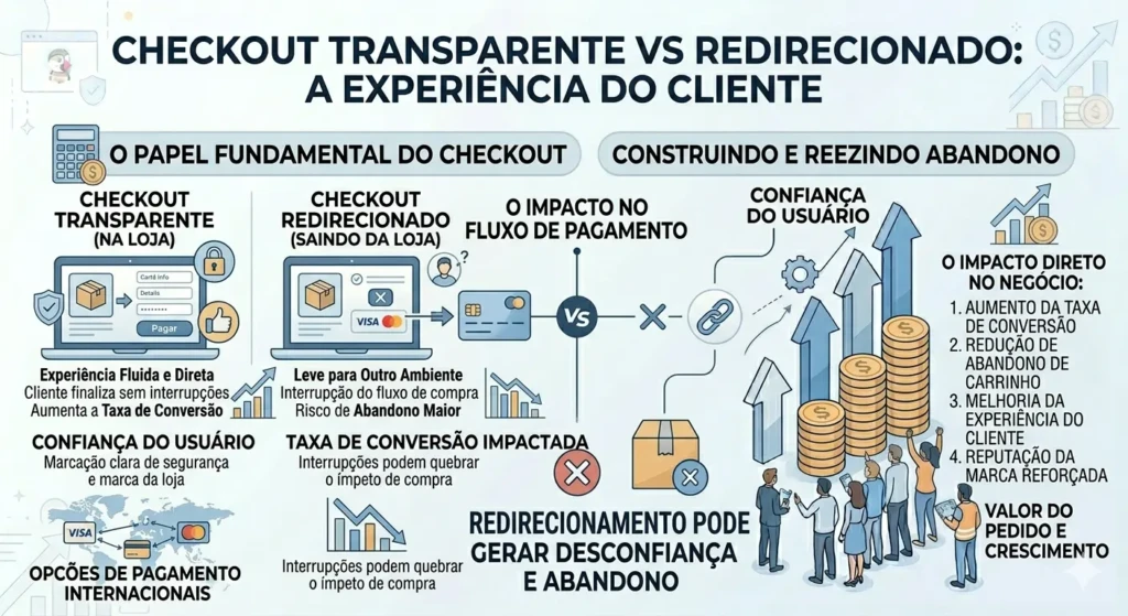 Infográfico comparando checkout transparente na loja versus checkout redirecionado para outro ambiente, destacando o impacto na confiança e taxa de conversão.