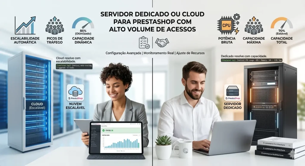 Comparação entre hospedagem cloud e servidor dedicado para PrestaShop com alto tráfego