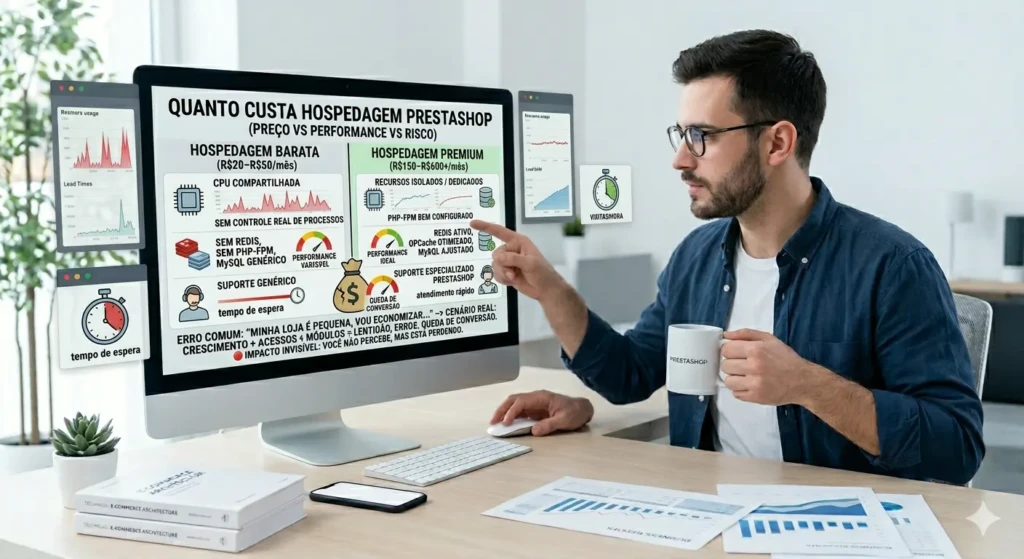 Comparativo de preço e performance entre hospedagem PrestaShop barata e premium, destacando diferenças em recursos como Redis, PHP-FPM, uptime e suporte técnico