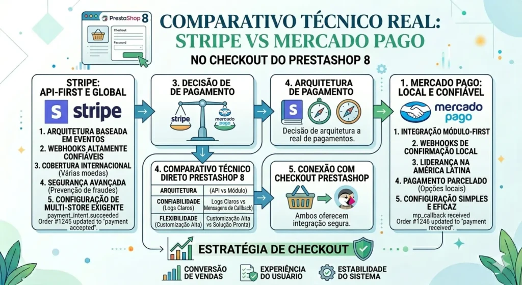 Tabela de comparação técnica real entre Stripe e Mercado Pago no PrestaShop 8, contrastando arquitetura baseada em eventos (Stripe) com integração via módulo-first (Mercado Pago).