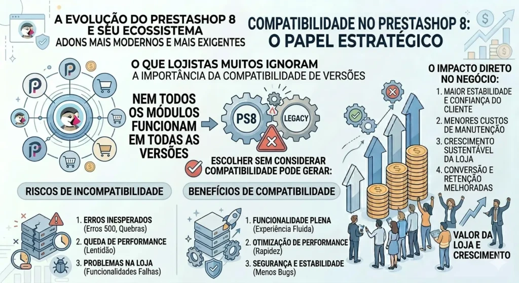 Infográfico sobre a importância da compatibilidade de módulos no PrestaShop 8, destacando riscos de erros 500, quebras de layout e benefícios de uma loja estável.