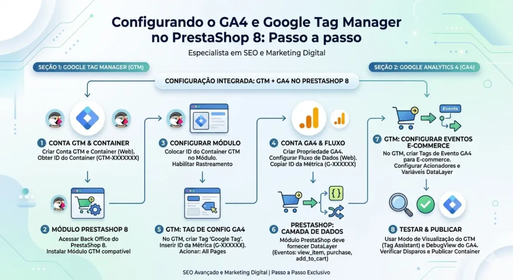 Infográfico passo a passo para configurar o Google Analytics 4 e o Google Tag Manager no PrestaShop 8