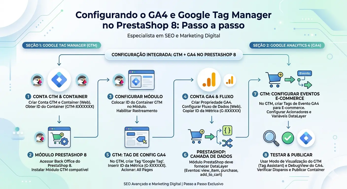 Infográfico passo a passo para configurar o Google Analytics 4 e o Google Tag Manager no PrestaShop 8