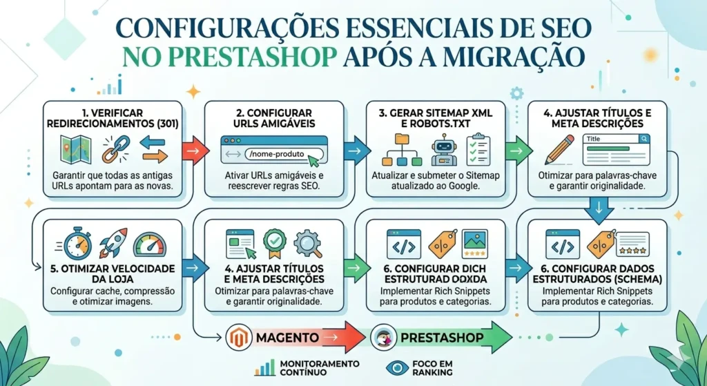 Infográfico mostrando as 6 configurações essenciais de SEO no PrestaShop após migração, incluindo redirecionamentos 301, URLs amigáveis, sitemaps, meta tags, velocidade e dados estruturados.