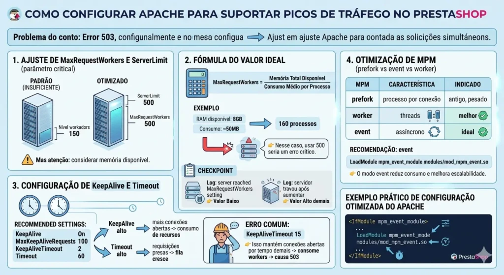 Guia visual sobre como configurar o servidor Apache para suportar picos de tráfego no PrestaShop, abordando MaxRequestWorkers, fórmulas de memória, KeepAlive e otimização do módulo MPM.