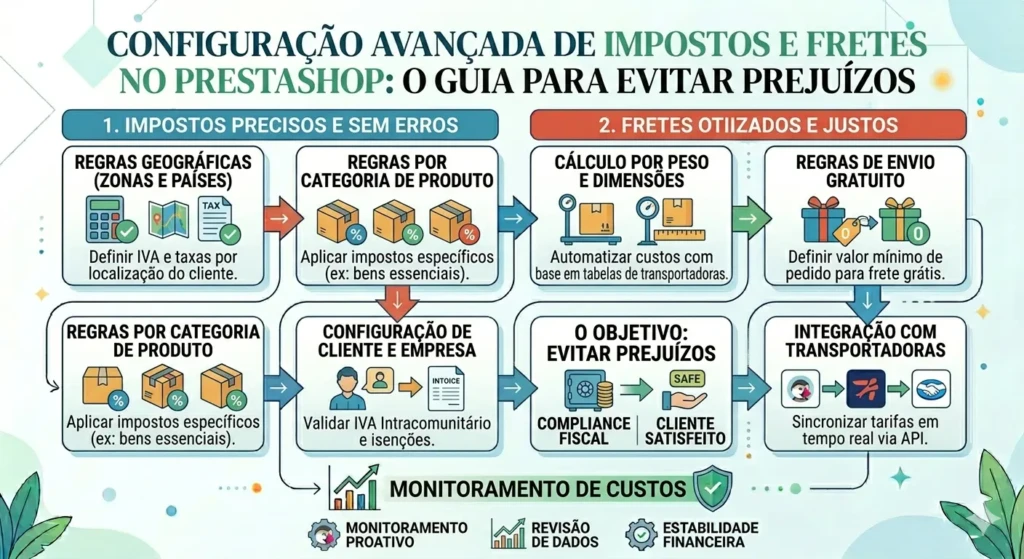 Infográfico sobre configuração avançada de impostos e fretes no PrestaShop, cobrindo regras geográficas, IVA intracomunitário, cálculo por peso/dimensões e integração com transportadoras via API.