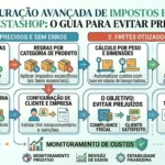 Infográfico sobre configuração avançada de impostos e fretes no PrestaShop, cobrindo regras geográficas, IVA intracomunitário, cálculo por peso/dimensões e integração com transportadoras via API.