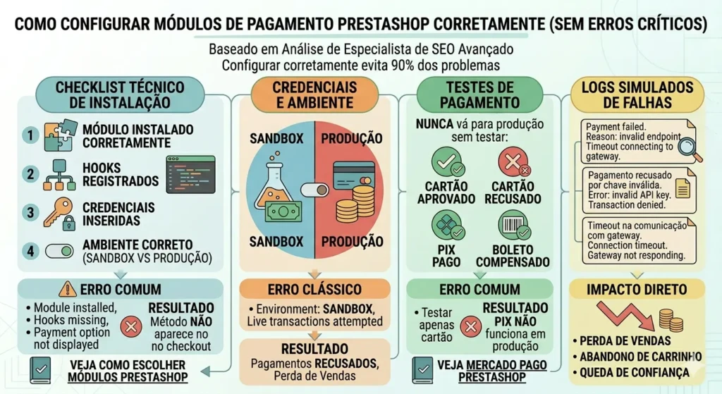 Checklist de instalação de módulos PrestaShop: hooks, credenciais e diferença entre ambiente sandbox e produção.