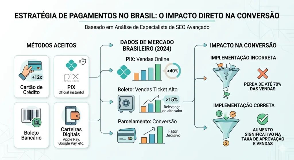 Infográfico sobre impacto do PIX, Boleto e Parcelamento na taxa de conversão de lojas PrestaShop no Brasil.