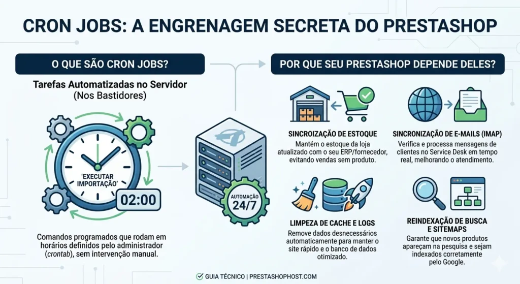 Cron Jobs e Sincronização IMAP no PrestaShop: Guia Técnico Definitivo 1 Diagrama de cron job no PrestaShop mostrando automação de e-mails IMAP, estoque, cache e tarefas agendadas