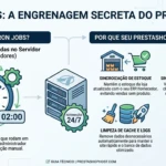 Cron Jobs e Sincronização IMAP no PrestaShop: Guia Técnico Definitivo 3 Diagrama de cron job no PrestaShop mostrando automação de e-mails IMAP, estoque, cache e tarefas agendadas