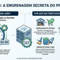 Diagrama de cron job no PrestaShop mostrando automação de e-mails IMAP, estoque, cache e tarefas agendadas