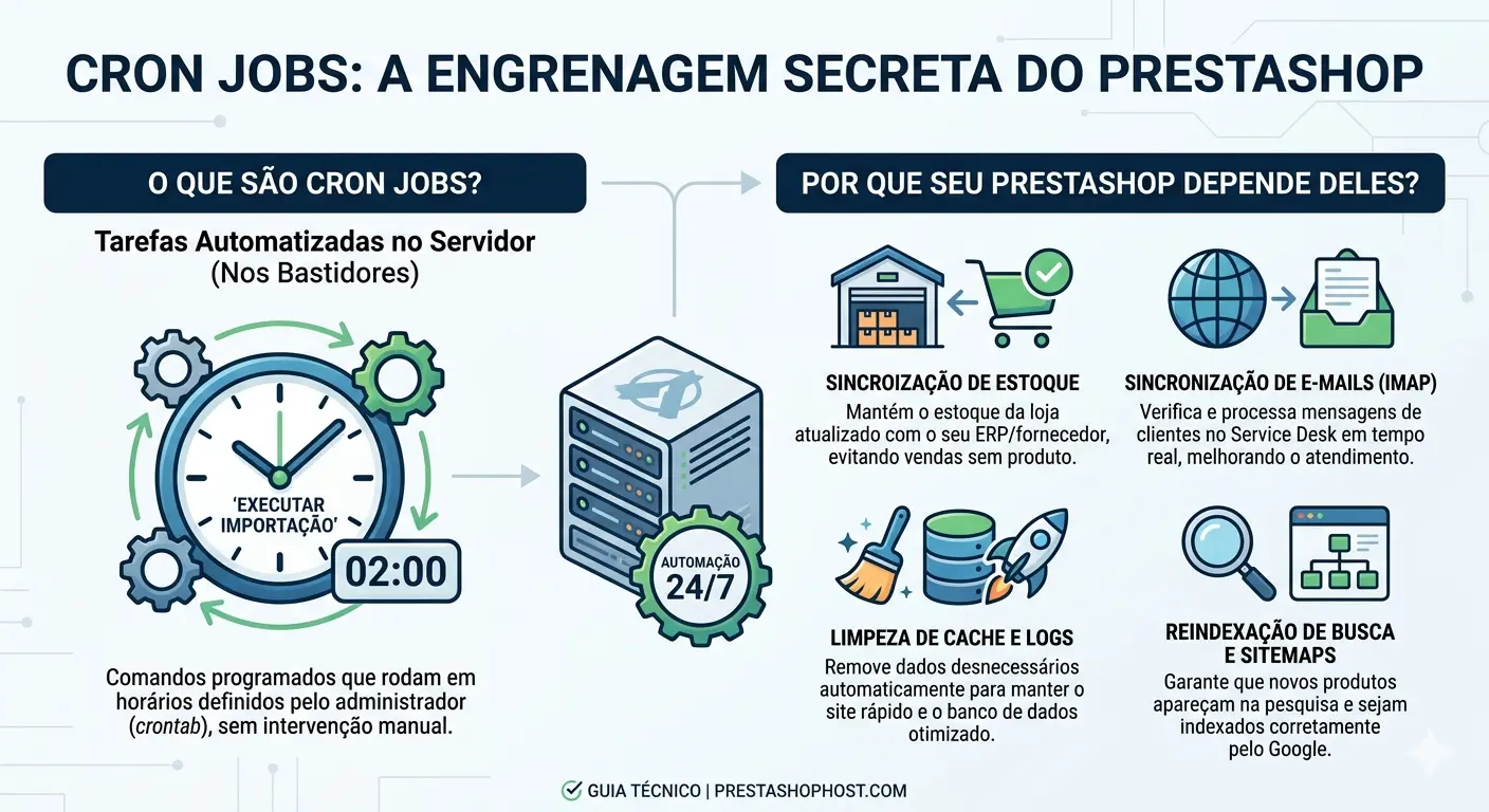 Diagrama de cron job no PrestaShop mostrando automação de e-mails IMAP, estoque, cache e tarefas agendadas