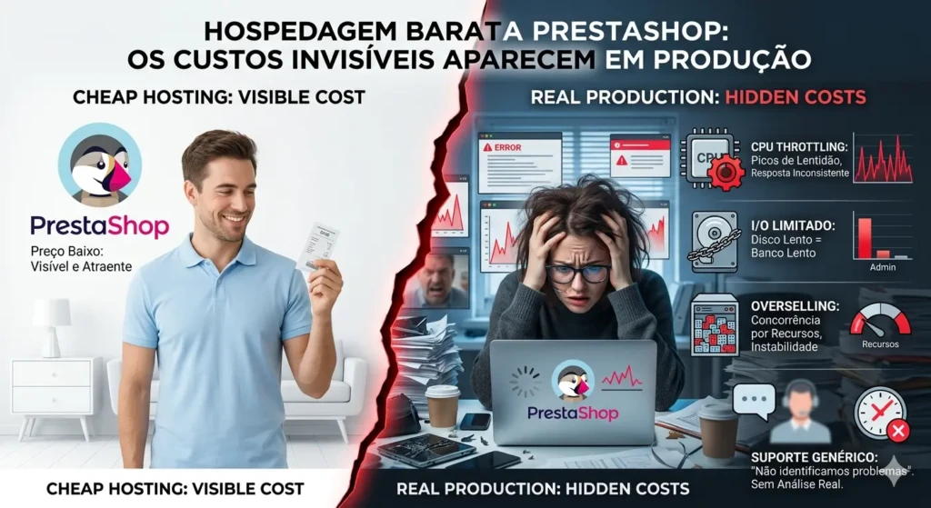Comparação entre hospedagem barata e baixa performance em loja PrestaShop com impacto nas vendas