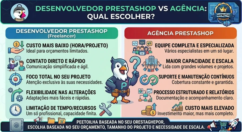 Infográfico comparativo com design moderno e limpo, dividindo a tela em duas colunas: "Desenvolvedor PrestaShop (Freelancer)" à esquerda (azul e verde) e "Agência PrestaShop" à direita (laranja e vermelho). No centro, uma mascote vestindo uma camiseta profissional com o logo "Ps" segura um grande ponto de interrogação, representando a dúvida do usuário.