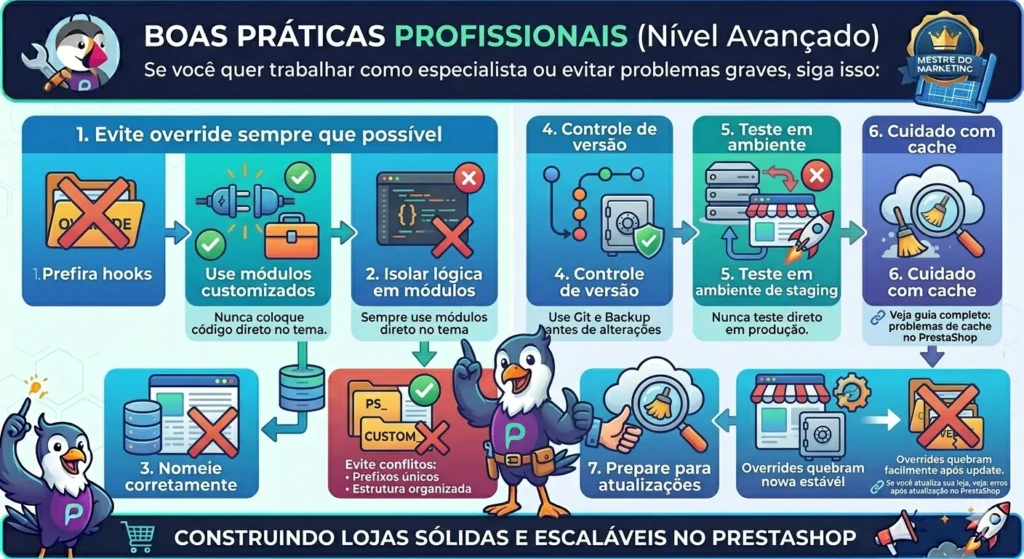 Lista de boas práticas para desenvolvedores PrestaShop de nível avançado, incluindo uso de Git, ambiente de staging, isolamento de lógica e prefixos únicos.