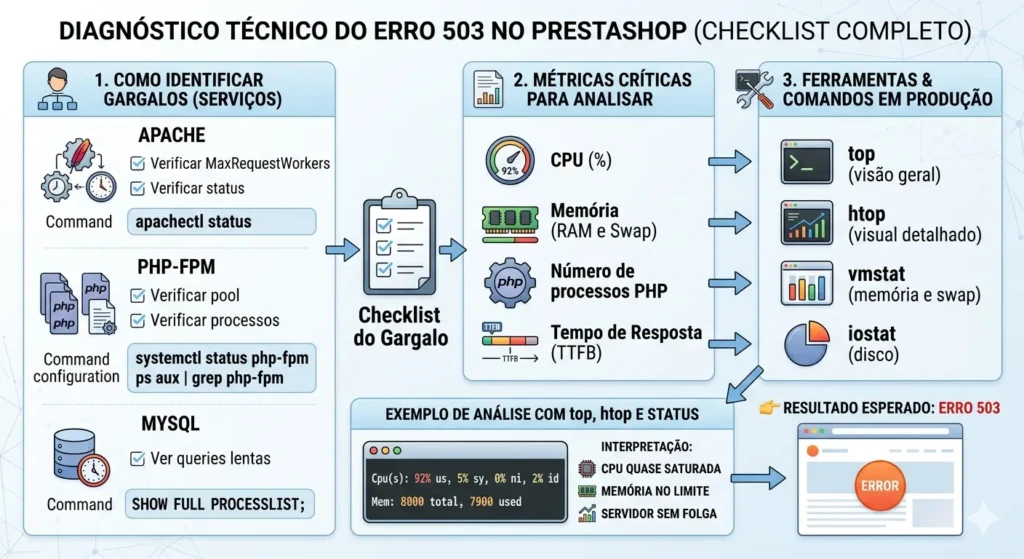 Infográfico com checklist completo para diagnóstico técnico do erro 503 no PrestaShop, mostrando como identificar gargalos no Apache, PHP-FPM e MySQL com comandos e métricas críticas.