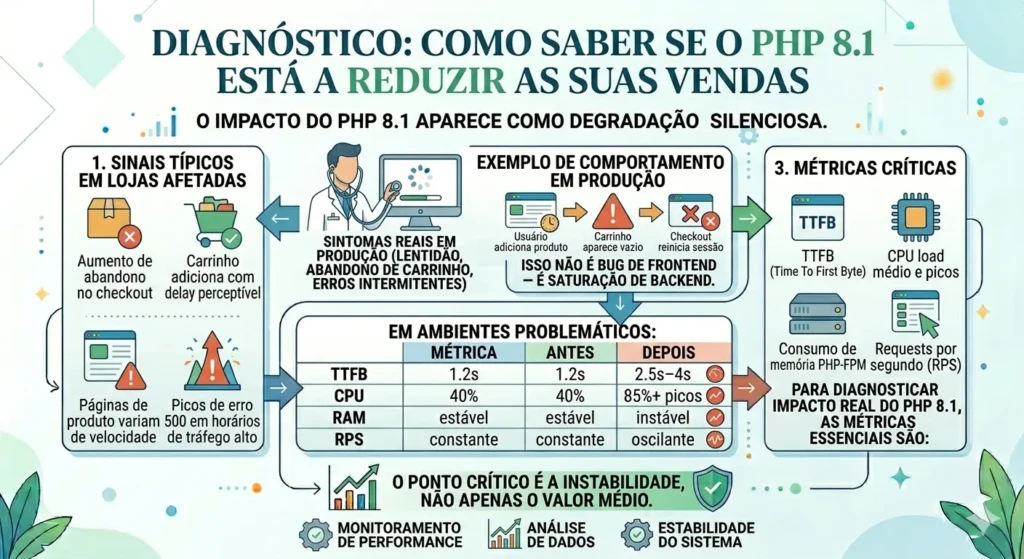 Infográfico de diagnóstico técnico comparando métricas de performance (TTFB, CPU, RAM) antes e depois do PHP 8.1 no PrestaShop, listando sinais de degradação silenciosa como abandono de checkout e delay no carrinho.