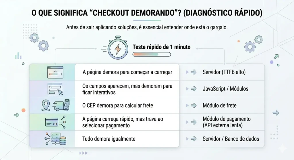 Tabela de diagnóstico de performance para PrestaShop relacionando sintomas de lentidão com prováveis causas como TTFB, JavaScript ou APIs externas.