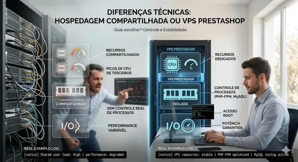 Comparação entre VPS PrestaShop e hospedagem compartilhada, destacando recursos isolados, picos de CPU de terceiros e controle total do servidor