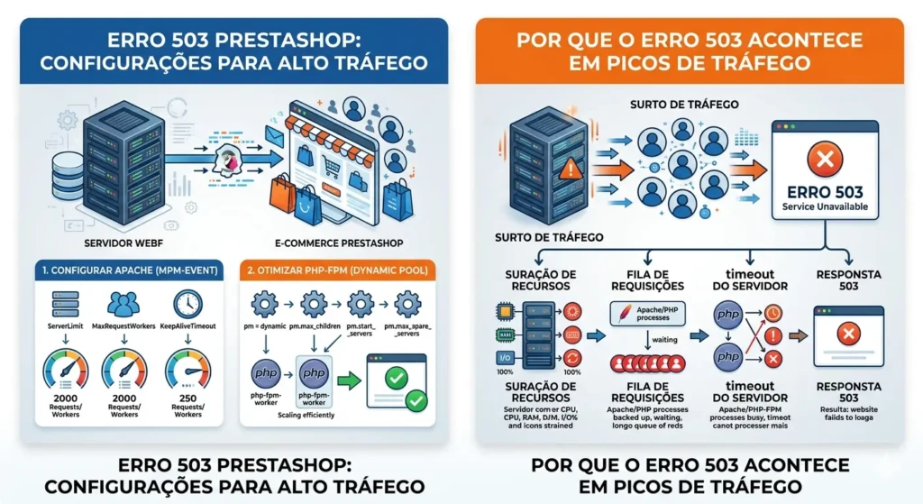 Infográfico técnico mostrando as configurações ideais de Apache MPM-Event e PHP-FPM para resolver o Erro 503 no PrestaShop em momentos de alto tráfego.