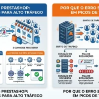 Infográfico técnico mostrando as configurações ideais de Apache MPM-Event e PHP-FPM para resolver o Erro 503 no PrestaShop em momentos de alto tráfego.