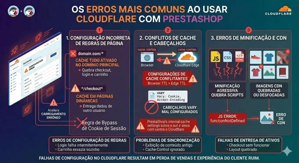 Lista visual dos erros mais frequentes na integração Cloudflare e PrestaShop: minificação agressiva, falta de bypass de cookie e TTL incorreto.