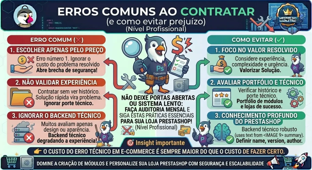 Infográfico comparativo de nível profissional listando os erros comuns ao contratar um desenvolvedor PrestaShop e as soluções práticas para evitar prejuízo, focando no backend e longo prazo.