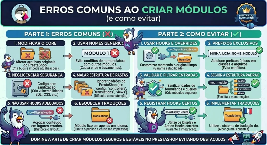 Guia visual comparando erros frequentes na criação de módulos PrestaShop, como modificar o core ou nomes genéricos, com as soluções recomendadas.