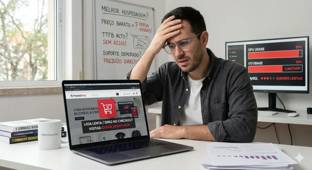 Loja PrestaShop lenta com erro no checkout, CPU em 95% e banco de dados MySQL saturado devido à hospedagem inadequada
