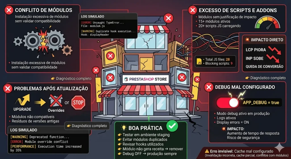 Web Vitals no PrestaShop: Acelere sua Loja e Converta Mais 7 Infográfico detalhando erros que prejudicam a velocidade do PrestaShop, como conflito de módulos, excesso de scripts e modo debug ativo.