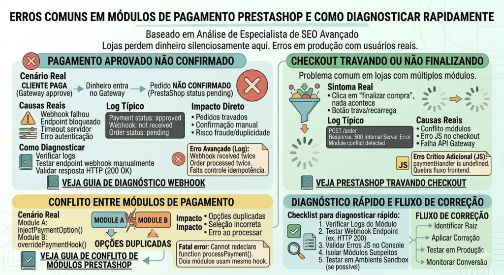 Infográfico de diagnóstico para pagamento aprovado não confirmado e conflitos de JavaScript no checkout PrestaShop.
