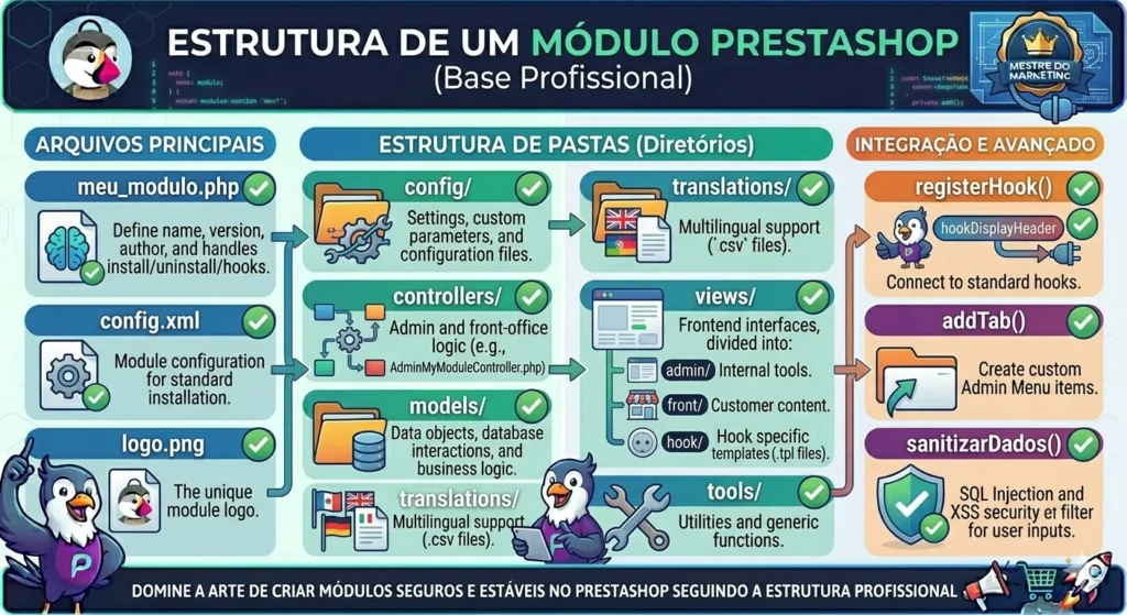 Mapa técnico da estrutura de pastas e arquivos de um módulo PrestaShop profissional, incluindo /config, /controllers, /translations, /views e o arquivo principal .php.