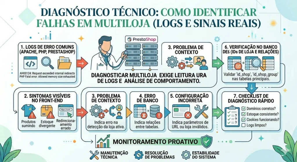 Infográfico de diagnóstico técnico para ambientes PrestaShop multiloja, mostrando logs de erro comuns, sintomas visíveis no front-end, possíveis causas (contexto, banco, configuração) e um checklist de validação de IDs de loja e domínios.