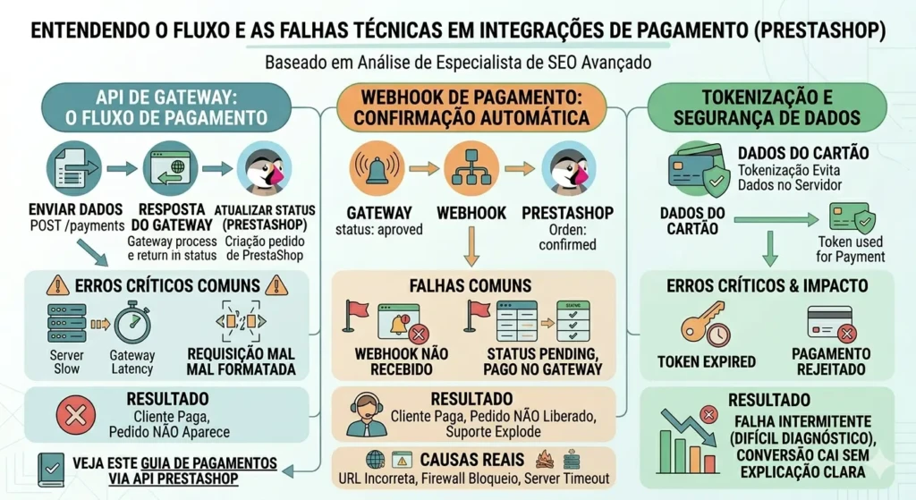 Diagrama técnico do fluxo de API de pagamento, confirmação via Webhook e segurança com Tokenização no PrestaShop.