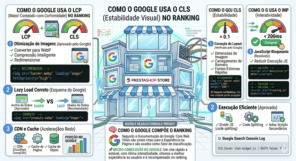 Web Vitals no PrestaShop: Acelere sua Loja e Converta Mais 2 Infográfico com estilo visual do Google explicando como o LCP, CLS e INP influenciam o posicionamento de lojas PrestaShop no ranking de busca.