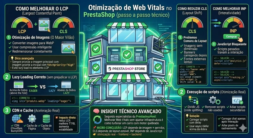 Web Vitals no PrestaShop: Acelere sua Loja e Converta Mais 4 Passo a passo técnico para otimizar LCP, CLS e INP no PrestaShop com exemplos de código e boas práticas de carregamento.