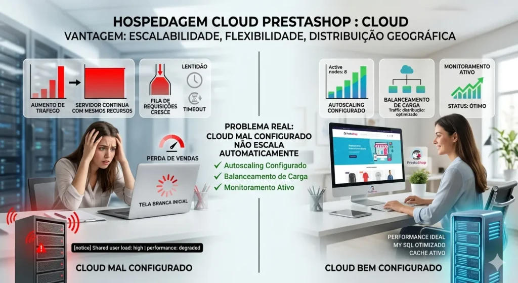 Dashboard de hospedagem cloud PrestaShop com autoscaling automático, balanceamento de carga e monitoramento de servidores em tempo real