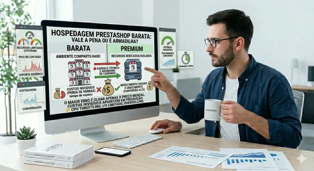 Comparativo entre hospedagem PrestaShop barata com gargalos e ambiente premium com recursos isolados, VPS e melhor performance de conversão