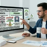 Comparativo entre hospedagem PrestaShop barata com gargalos e ambiente premium com recursos isolados, VPS e melhor performance de conversão