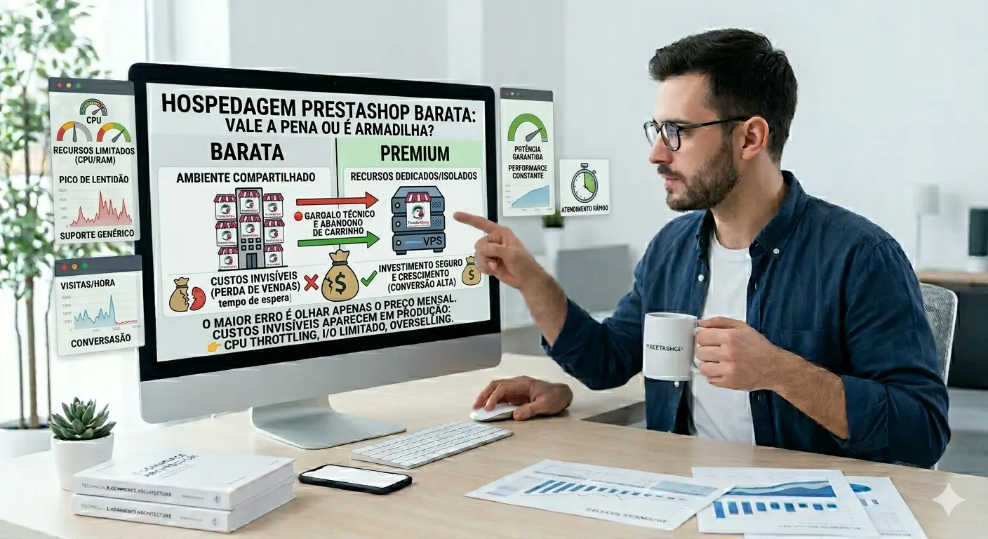 Comparativo entre hospedagem PrestaShop barata com gargalos e ambiente premium com recursos isolados, VPS e melhor performance de conversão