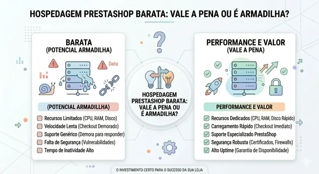 Comparativo entre hospedagem barata (com recursos limitados e lentidão) e hospedagem de alta performance para PrestaShop (com recursos dedicados e segurança).