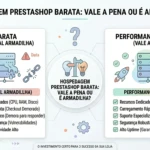 Comparativo entre hospedagem barata (com recursos limitados e lentidão) e hospedagem de alta performance para PrestaShop (com recursos dedicados e segurança).