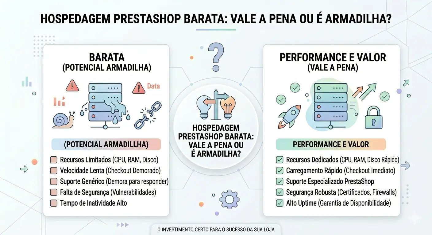 Comparativo entre hospedagem barata (com recursos limitados e lentidão) e hospedagem de alta performance para PrestaShop (com recursos dedicados e segurança).