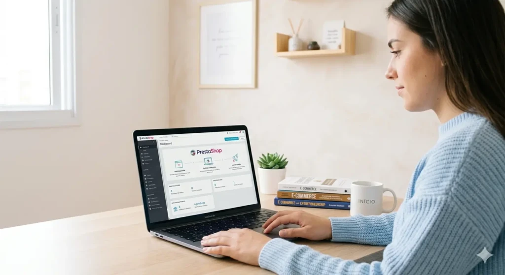 Mulher configurando o painel do PrestaShop em notebook, representando hospedagem fácil para lojas iniciantes com pouco tráfego