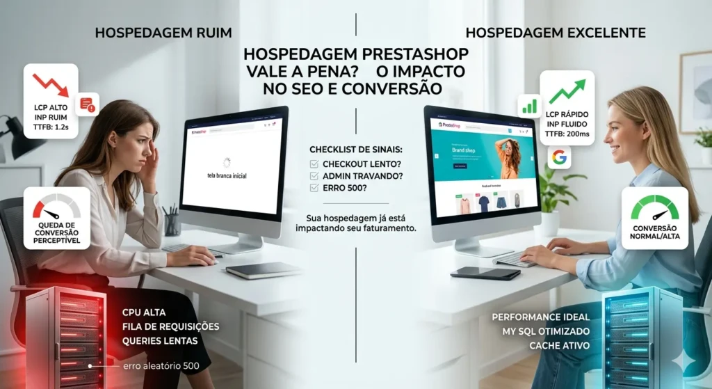 Queda de SEO e conversão no PrestaShop causada por hospedagem lenta com TTFB alto, LCP elevado, INP ruim e CPU em 95%
