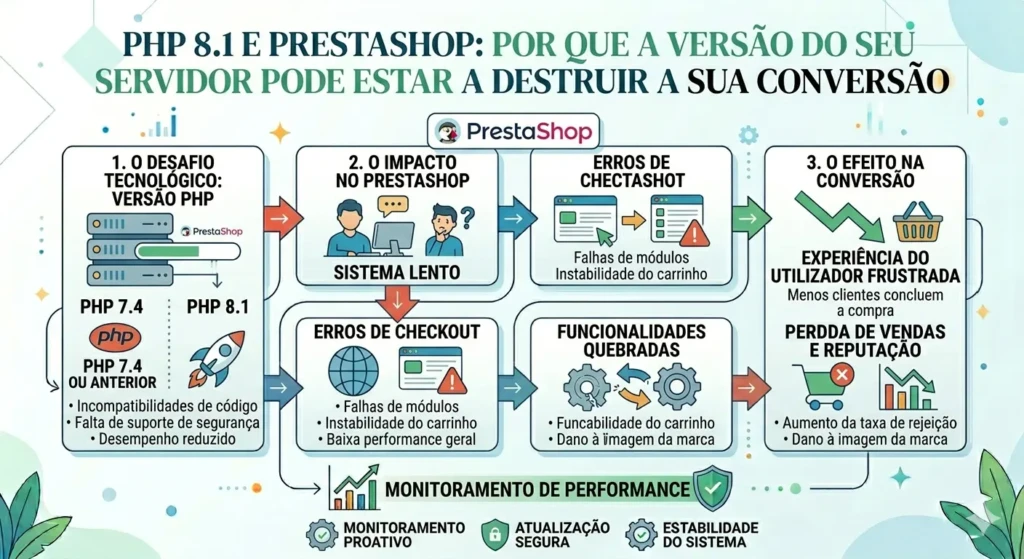 Infográfico explicando como versões incompatíveis de PHP no servidor podem prejudicar a conversão no PrestaShop, causando lentidão, falhas no carrinho e instabilidade no checkout.